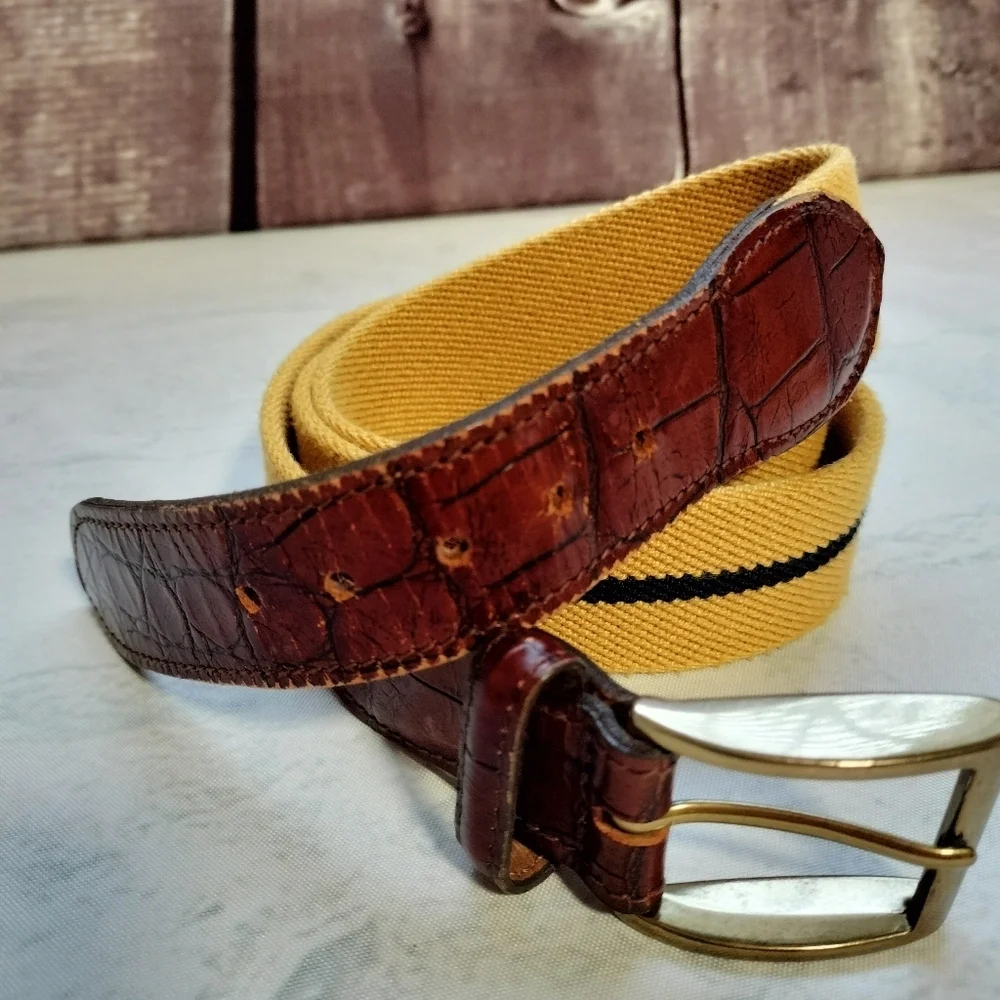 Jos. A. Bank Men's Belt Sz 36 Golden Yellow Blue Striped Classic Woven Golf